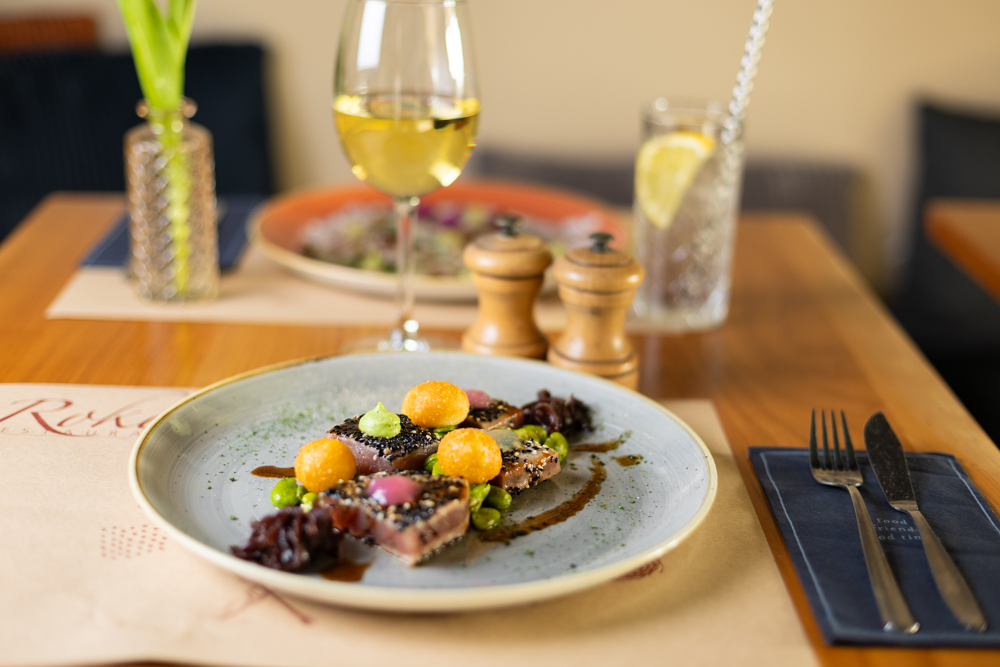 Grilled meat on restaurant table